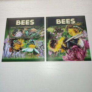 Bees Set 2 Pcs Large Stamps Mini Sheets Bee Insects Flowers Maldives Collectible